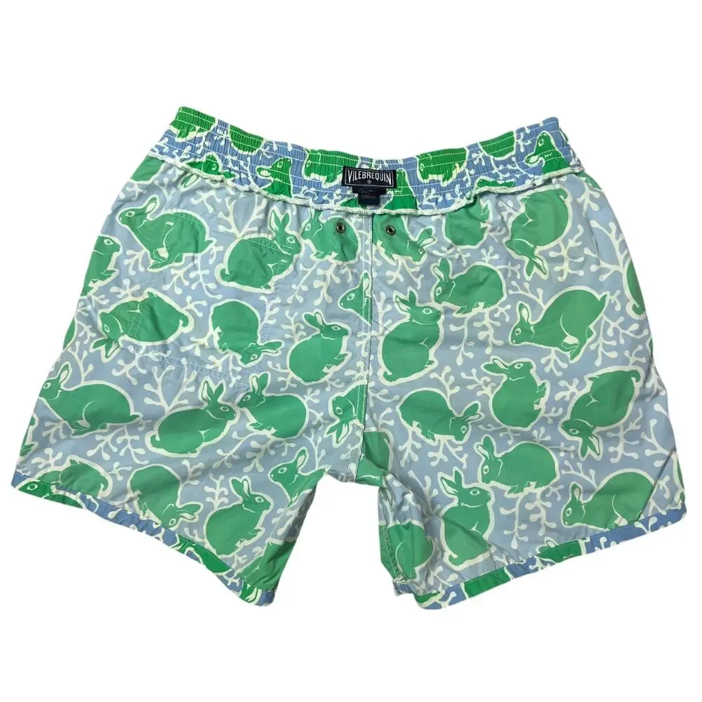 Vilebrequin Rabbit Print Swim Trunks MENS XL Green 6" Board Shorts NO LINER - Picture 8 of 14